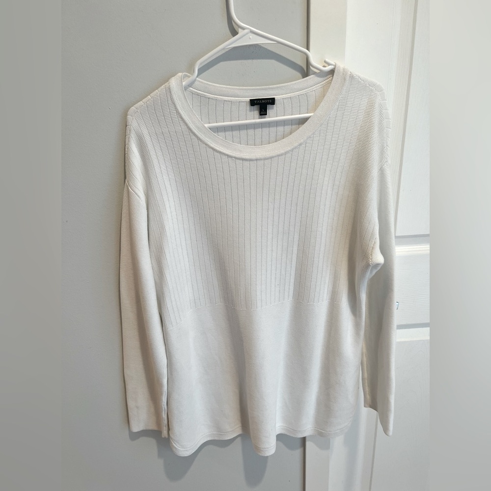 Talbots White Tunic Sweater with Gold Button detail, size L
